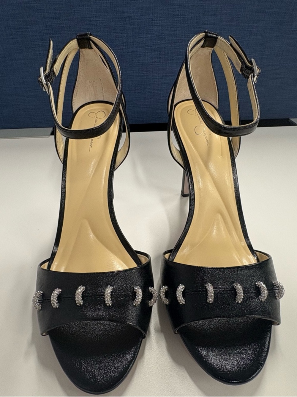 Jessica Simpson Black Rhinestone-Accent Ankle-Strap Heels